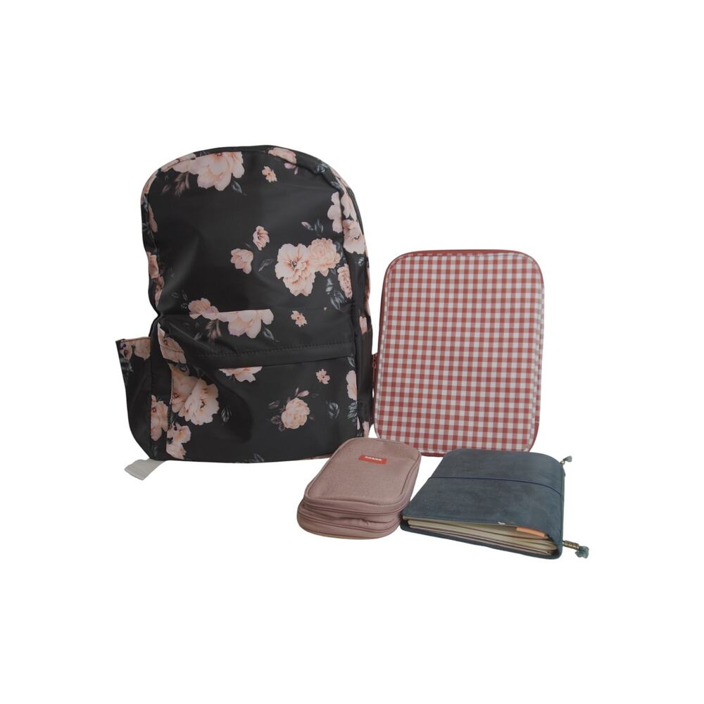 Black Floral Backpack Lunch Bag Pencil Case 3 Pc Set 14” Laptop School NWOT - Picture 4 of 16